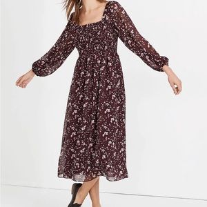 Madewell Georgette Sheer-Sleeve Smocked Midi Dress in Rich Paisley size M